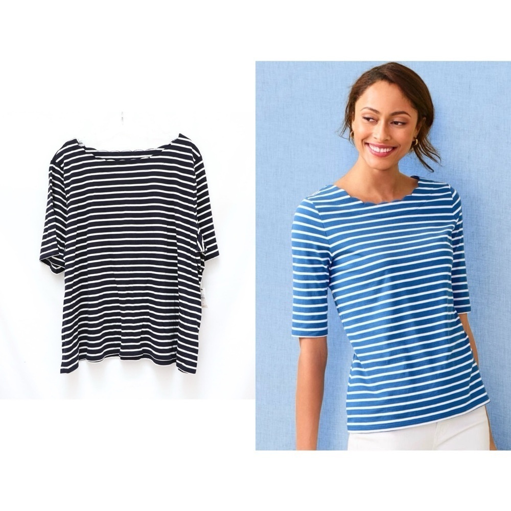 NWT Talbots Scalloped Neck T-shirt Striped 3X pima cotton midnight blue new navy